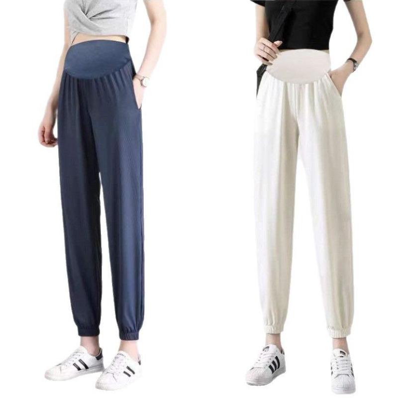 Maternity pants, ice silk belly support, cool and thin in summer, pregnant women's nine-point pants loose, large size casual, loose feet