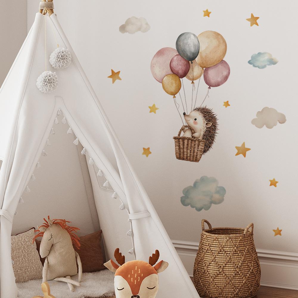 Cartoon Hedgehog Hot Air Balloon Wall Sticker Self-Adhesive Removable for Bedroom Commercial Places Home Decoration