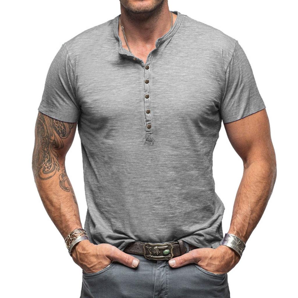 Men's Casual Sporty -color Base Layer Shirt, Men's Button-down Round-neck Short-sleeved Top