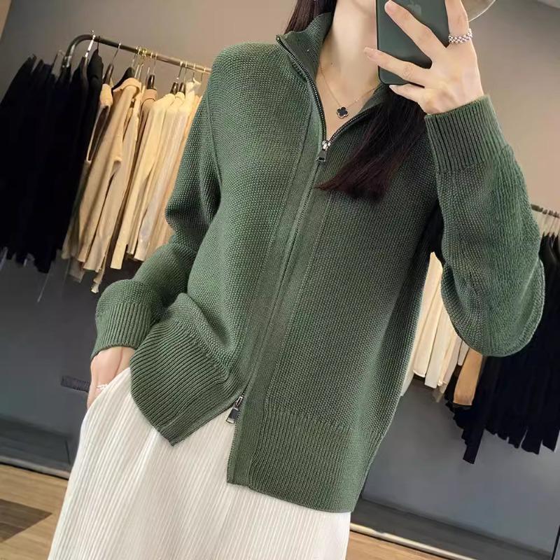 Fashion Casual Stand-up Collar Jacket Women's New Knitted Sweater Double Zipper Cardigan Sweater Top Base