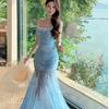 French Blue Floral Suspender Dress Women's Summer Seaside Vacation Beautiful Slim Pure Desire Fishtail Hip Wrap Dress