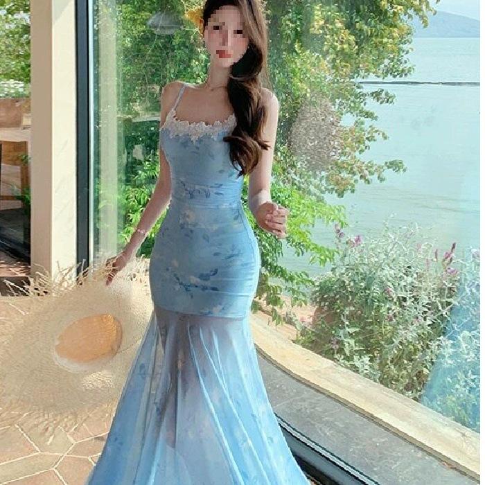 French blue floral suspender dress women's summer seaside vacation beautiful slim pure desire fishtail hip wrap dress