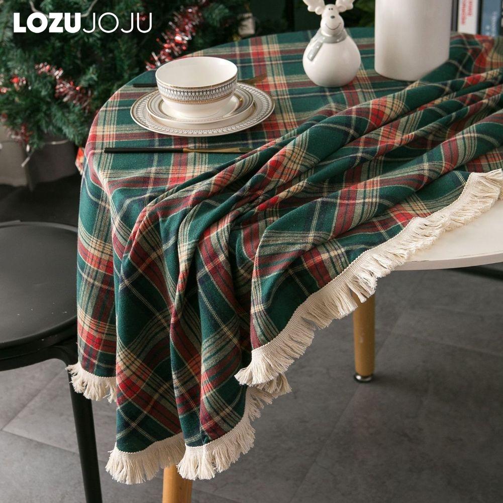 1PC LOZUJOJU Christmas Plaid Printed Tassel Edge Table cloth Retro Party Decoration Table cloth for Kitchen Dining Table Coffee Table Home Decor