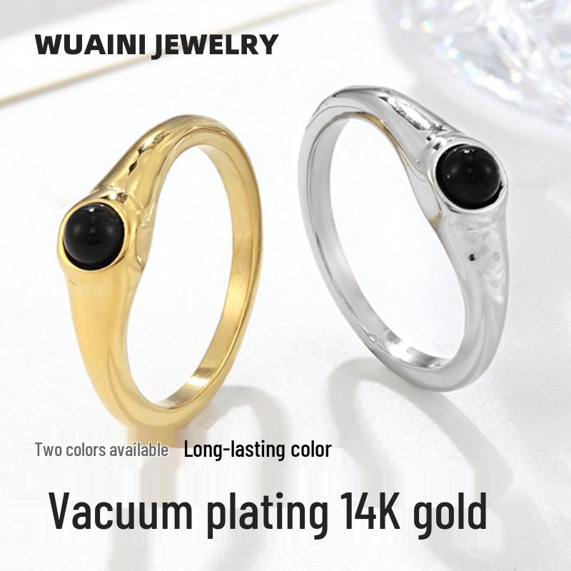 

Black Agate European and American Style Retro Titanium Steel Fashion Ring Size 8