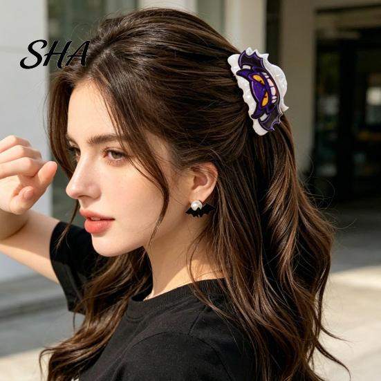 Cool Pattern Hair Accessory Back Head Claw, Reinforced Shark Clip with Elastic Base, Halloween Skull Claw Pumpkin Bat Patterns for Bun Half-Tied Style