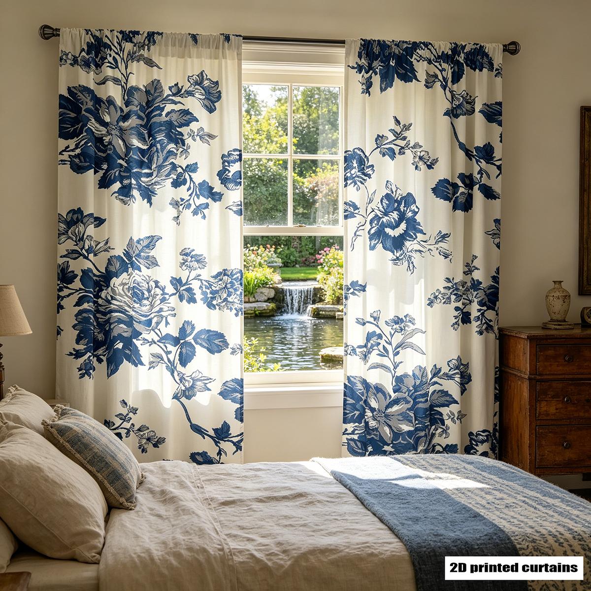 2PCS Blue And White Chinoiserie Floral Pattern Curtains Window Treatment Floral Print Curtain Panels for Decor 60×150