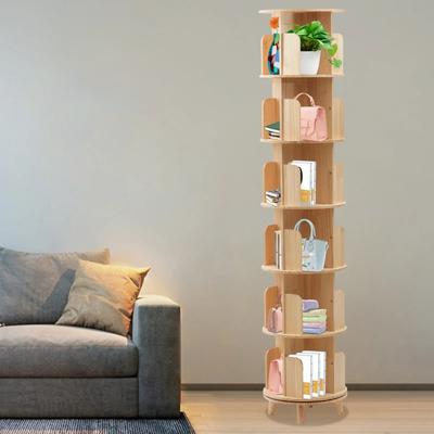 6-stufiges drehbares Bücherregal mit Beinen, hoher drehbarer Bücherregalturm, drehbarer Bücherschrank, stehendes Bücherregal, Holz-Bücherregal, rund