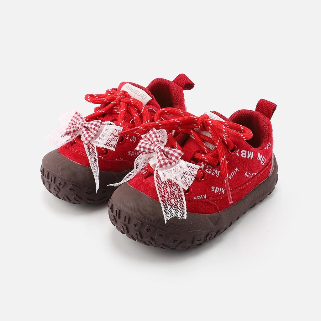 Spring 2026 Girls’ Soft Sole Walker Shoes - Non-Slip, Closed-Toe with Bow Detail