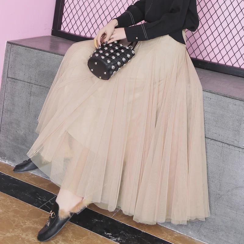 2025 High-Waist A-Line Mesh Skirt: Three-Layer Pleated Fairy Skirt for Spring & Autumn