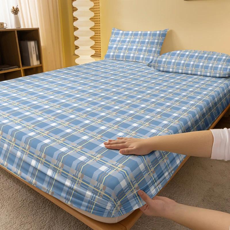 Simple 1 Modern Grid Geometry Printed Matte Fitted Sheet, Bedroom Printed Bed Cover, Bedding Excluding Pillowcases