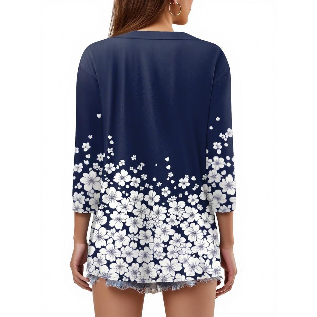 Women's T Shirt Print Button 3/4 Sleeve Daily Weekend Fashion Basic V- Neck Regular Top