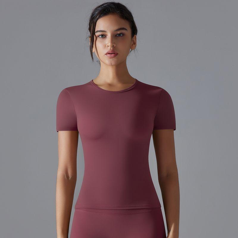 2025 Summer Pure Color Double-Sided Brushed High Elastic Tight Breathable Yoga Clothes Short Sleeve Sports Running Workout T-shirt Women