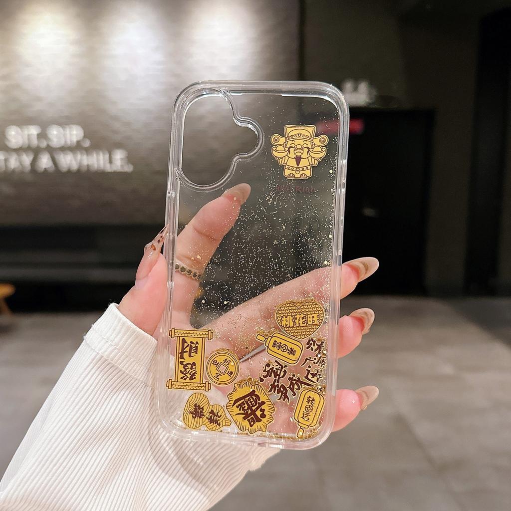 Anwendbar auf iPhone 16 Neujahr Handyhülle Treibsand Gold Gott des Reichtums Apple 15 ProMax Transparent Glitzerpuder Sturzsicher 14