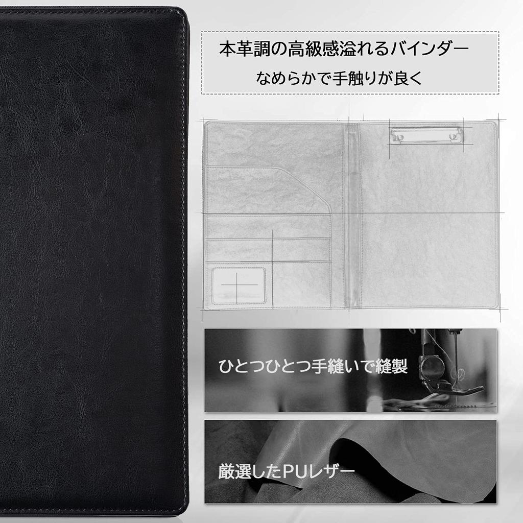 Panavage A4 PU Leather with Pen Business Card and Notepad Clipboard, Bifold, Holder, Pockets, Holder, (Black)