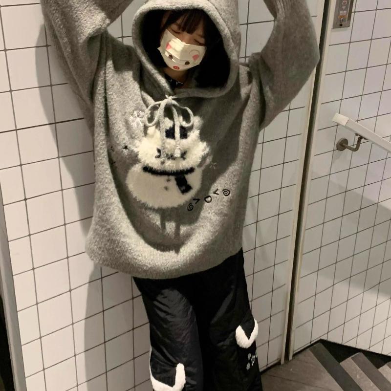 Ladies Cute Cartoon Snowman Hooded Sweater Korean Lazy Style Woman Knitted Top Autumn Versatile Grey Women's Pullover Sweaters