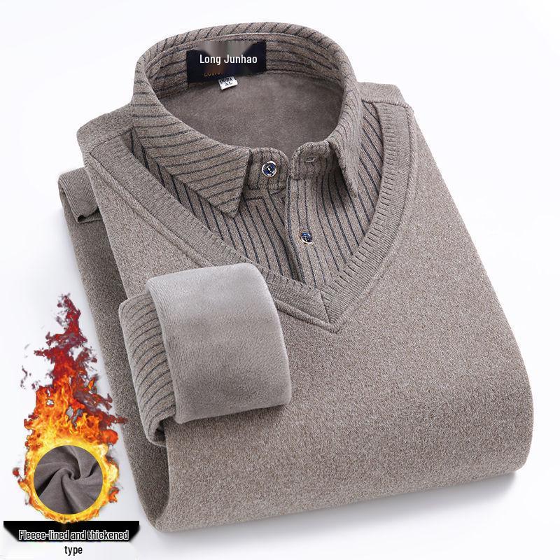 Men's Loose Knit Sweater with Faux Two-Piece Shirt Collar, Fleece-Lined, Thick Warm Winter Stand-Up Collar Top