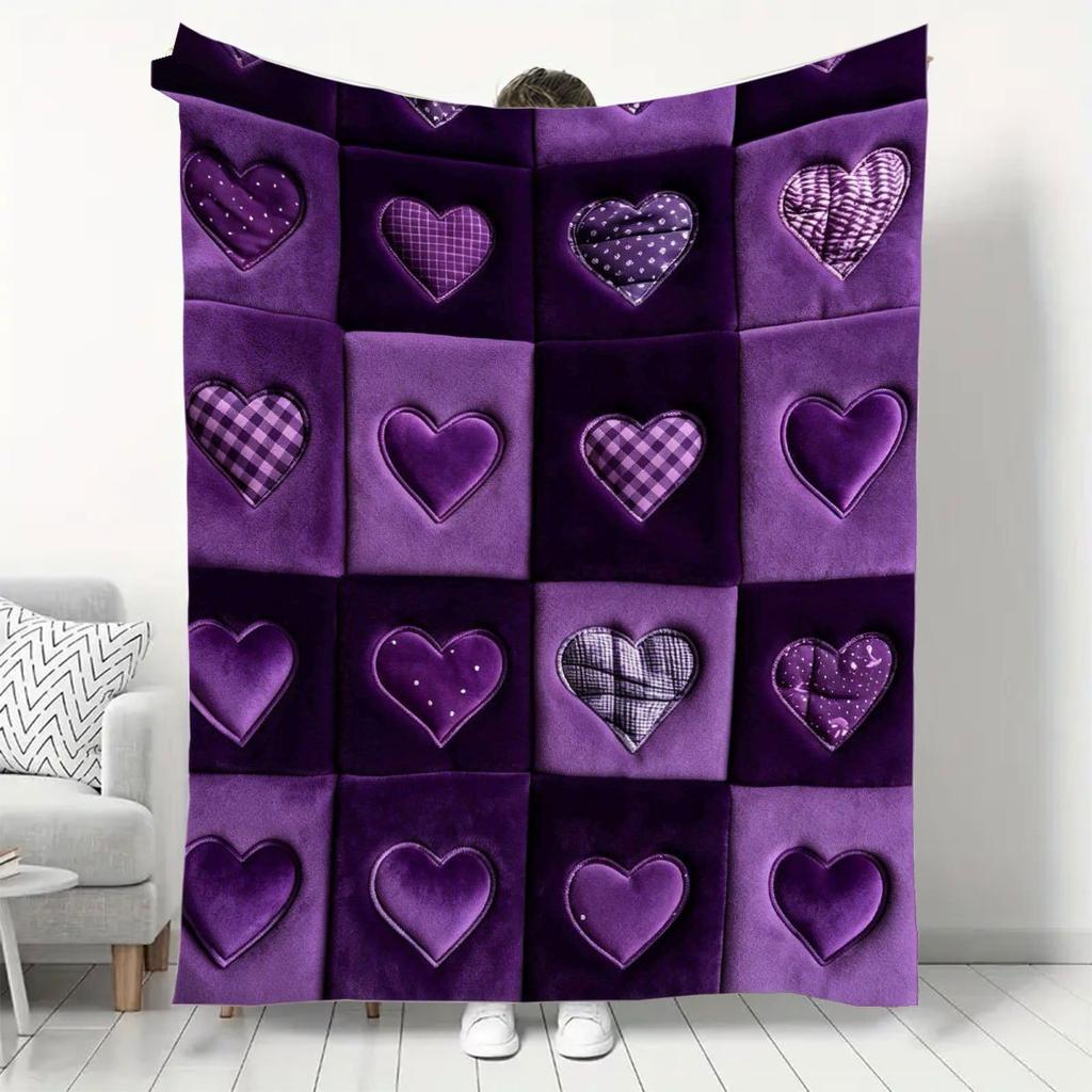 Romantic Purple Heart Print Throw Blanket for Valentine's Day, Birthday, Sofa, Bed, Office, and Home Decor Gift