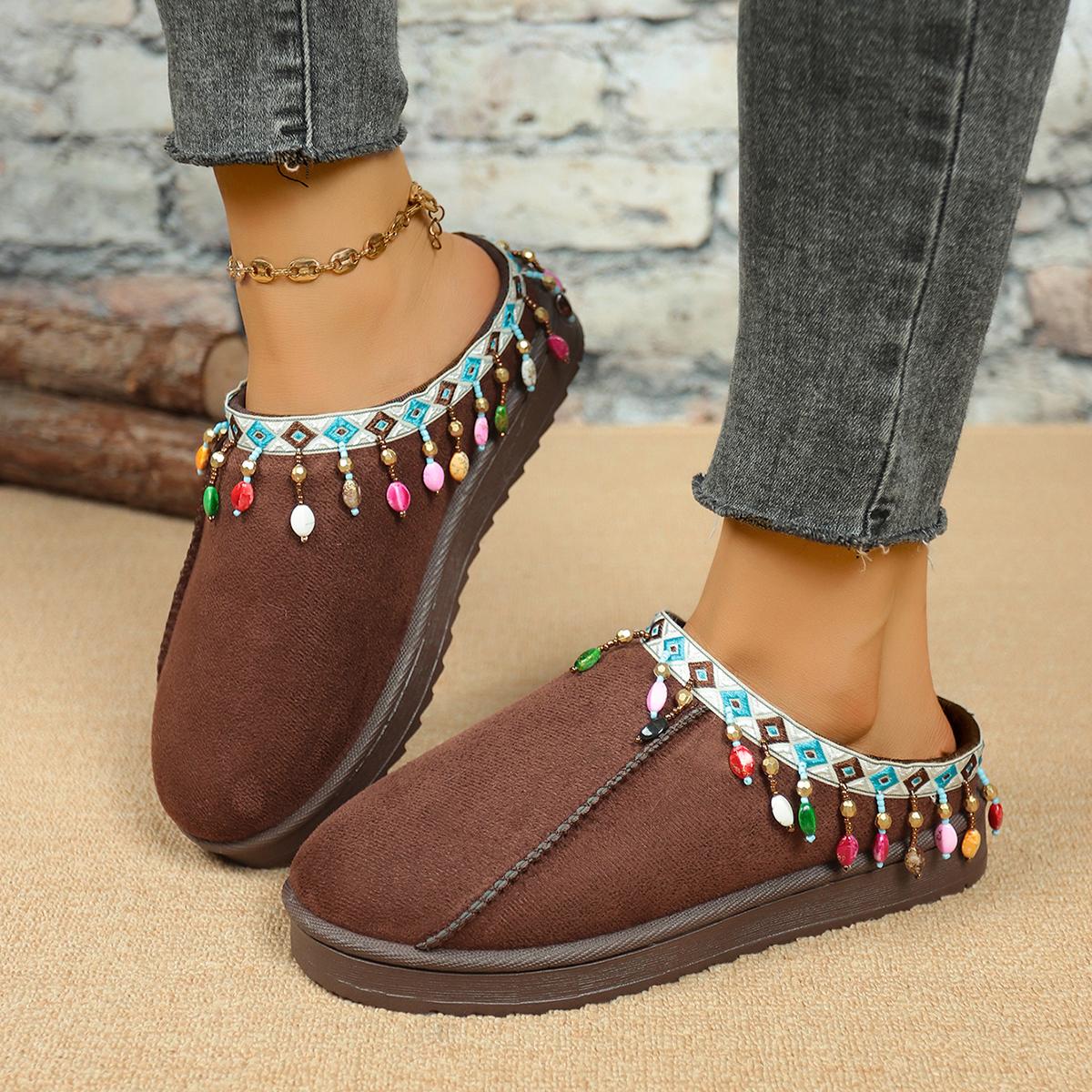 

Fashion Bohemia Fringed Decoration Cotton Slippers Women 2025 Winter Comfort Thick Bottom Non Slippers Warm Short Plush Slides Size36-44 44 кофейный