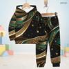 Boys Girls Printed Black Green Gold Hooded Long Sleeve Sweatshirt Cuffed Pants Two Piece Set