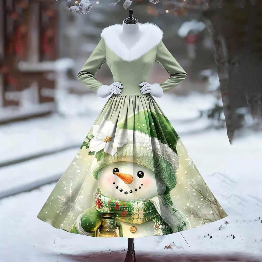 Women's Casual Dress Long-Sleeve V-Neck Patchwork Fleece Christmas Print Dress