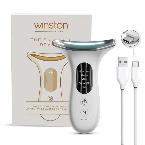 Rechargeable 4 In 1 Face and Neck Massager and Skin Lifting Device with 3-Color LED Therapy and Vibrational Modes, Digital Display, and Multi-Mode