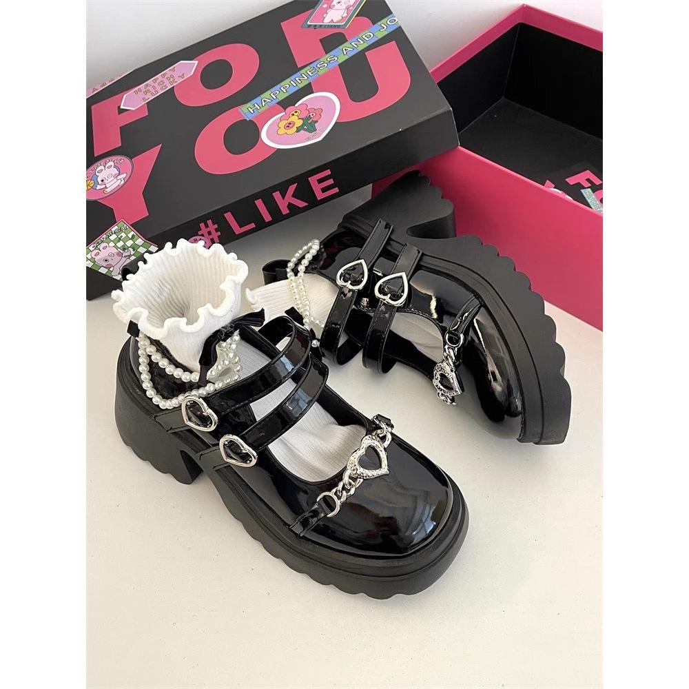 Spring 2025 Dark Style Mary Jane Shoes: Sweet Heart Design, Thick Soles, Height-Increasing, Leather.