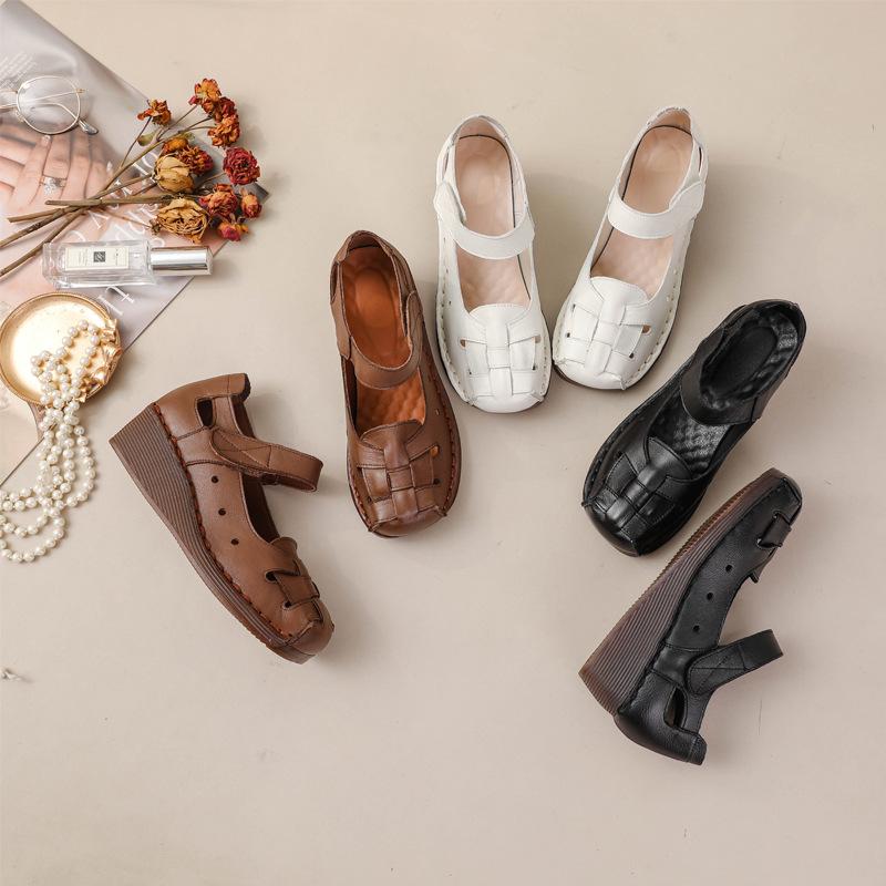 Women's Retro Cowhide Wedge Sandals - Summer Soft Sole Genuine Leather Platform Shoes