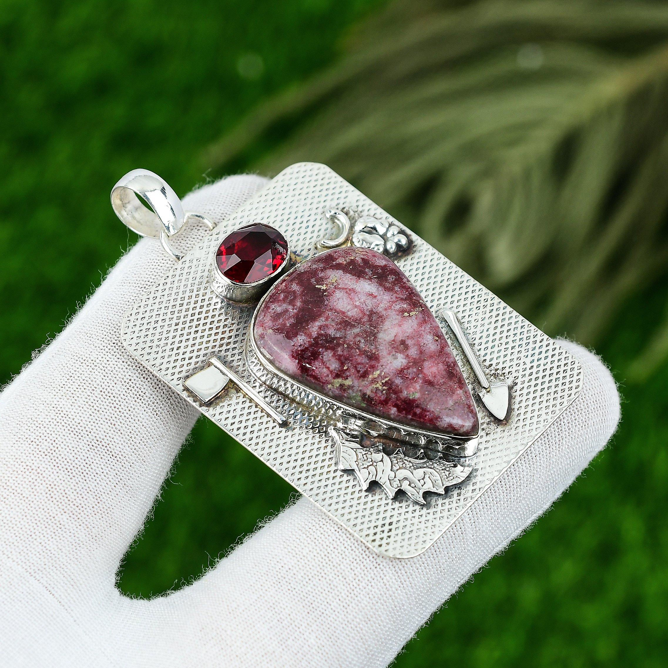 

Natural Thulite Gemstone Pendant Pink 925 Sterling Silver Indian Jewelry