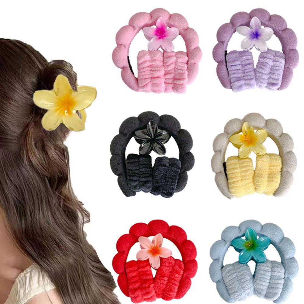 Frangipani Bubble Cloth Flannel Sponge Face Wash Waterproof Hair Band Hair Clip Set Cloud Headband