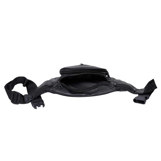 NOORA Stylish Real Leather Black Waist Bag Elegant Style Travel Pouch Passport Holder with Adjustable Strap