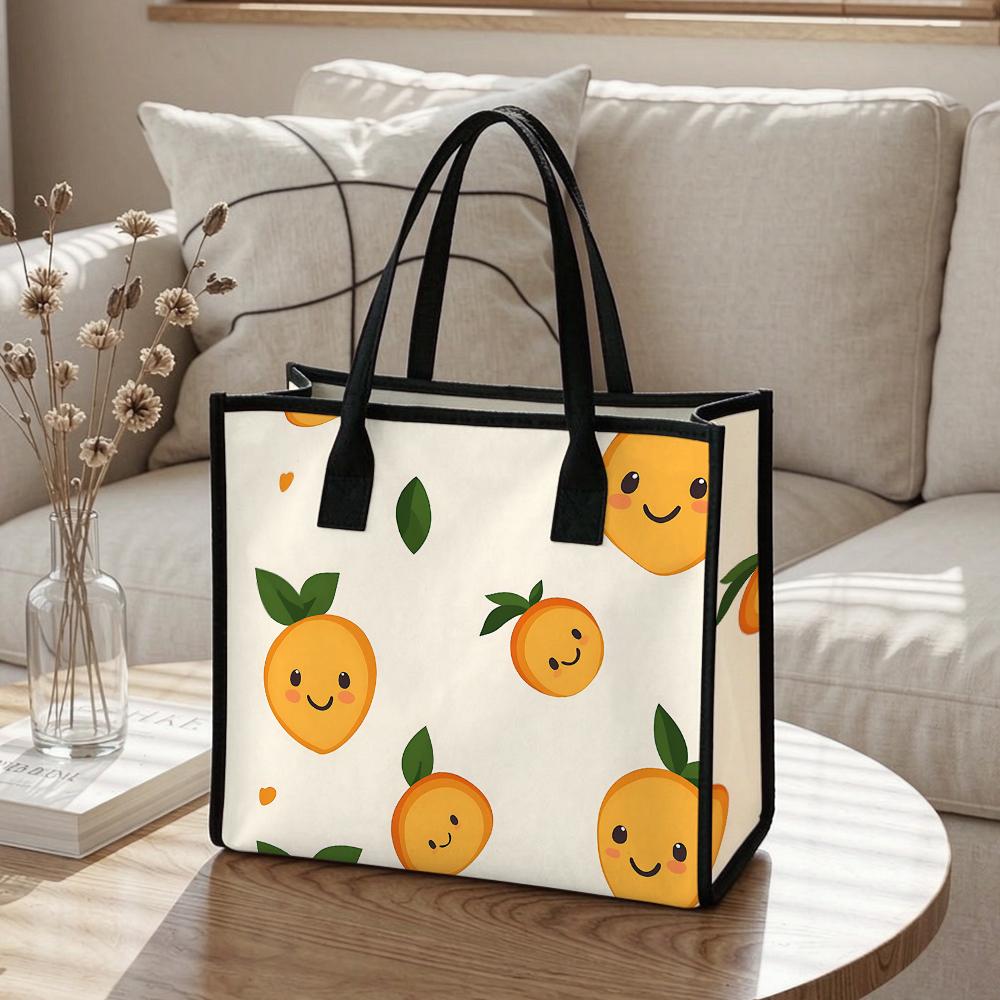 Cute Smiling Citrus Print Tote Bag Casual Daily Use Canvas Shoulder Handbag for Shopping Trip