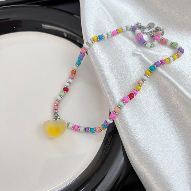 Cute Heart Bead Necklace Heart Charming Choker Chain Jewelry Girls Teen Eye-catching Snake Bone Chain Bowknot Necklace