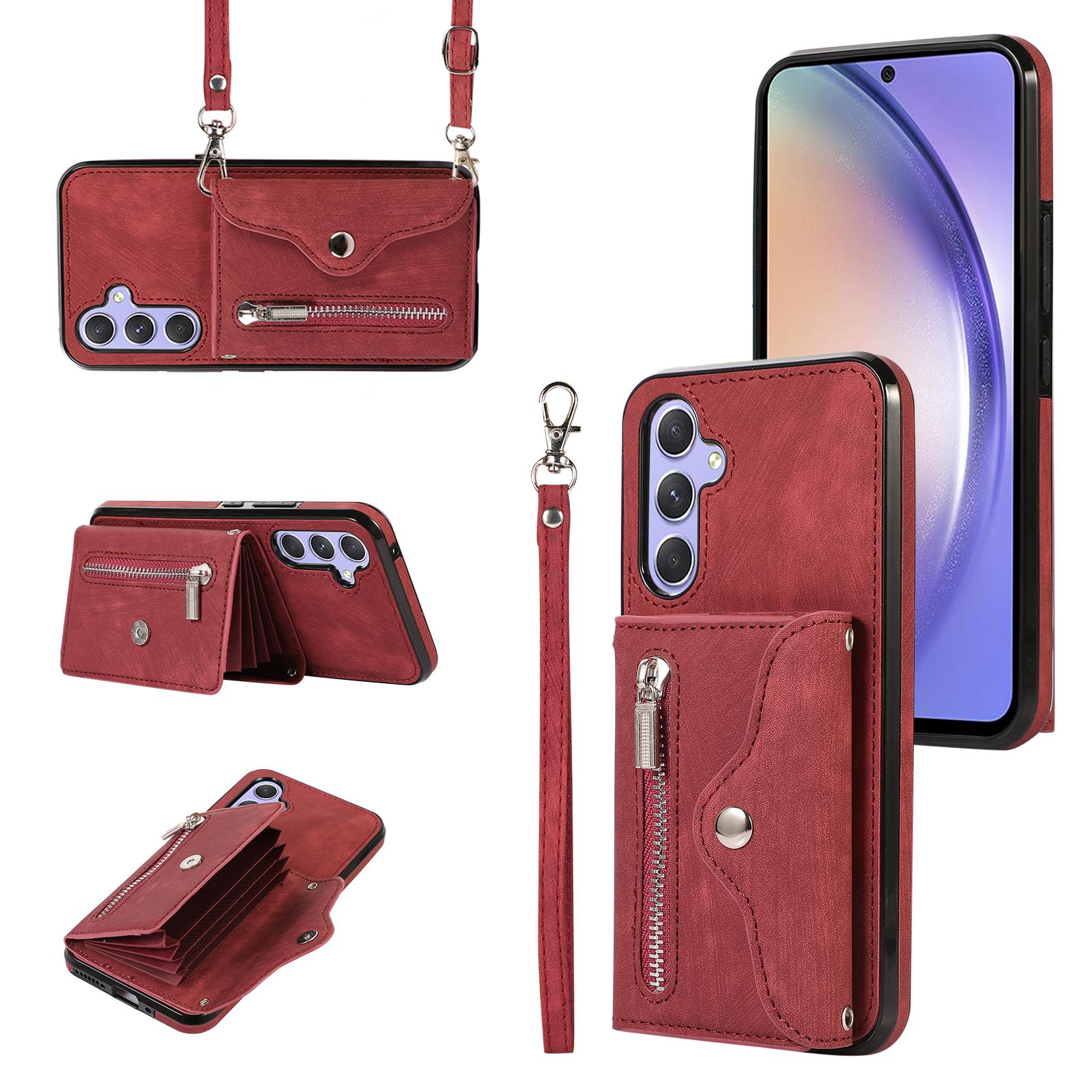 

Чехол для Samsung Galaxy A55 5G из ПУ кожи+ТПУ с блокировкой RFID, слотами для карт, чехол для телефона с 2 ремешками Red