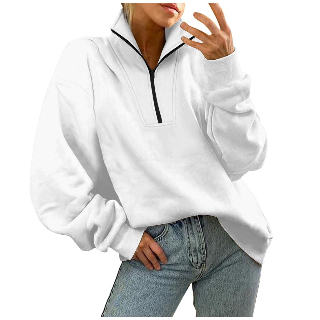 Sweat-shirt décontracté pour femme à la mode, couleur unie, col en V, zippé, ample, manches longues, poche latérale