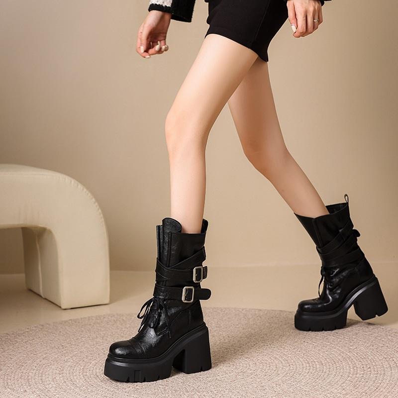 12cm Thick Sole Mid-Tube Women's Boots Retro Western High Heels Autumn Winter Fashionable Chunky Heel Booties