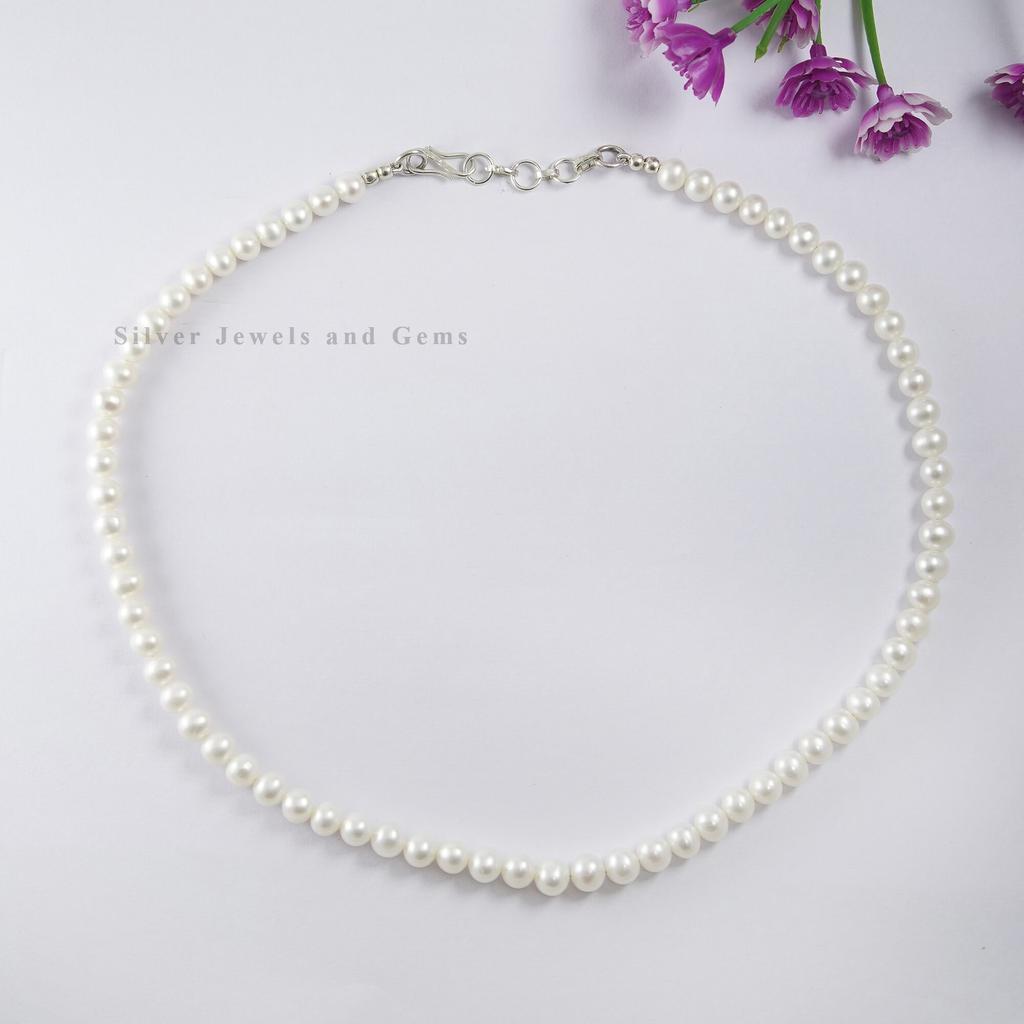 Freshwater Pearl Choker Necklace: 7mm Round, Sterling Silver Necklace