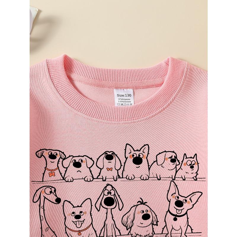 European Sizes Girls' Soft Crewneck Sweatshirt with Cute Dogs Cartoon Pattern, Casual All-Match for Fall Winter, Ideal Present.