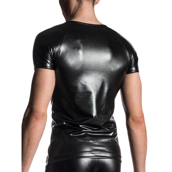 O-Neck Short Sleeve Elastic Men T-shirt Stage Performance Faux Leather Tee Shirt Clubwear