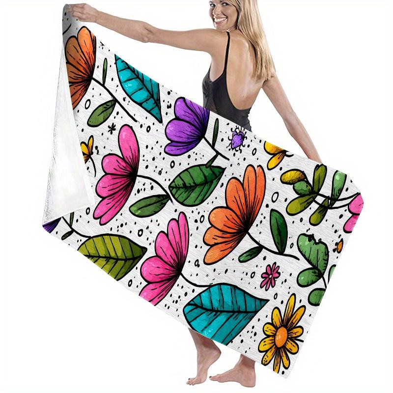 1pc Colorful Stylized Floral Pattern Beach Towel Bright Purple Orange Yellow and Pink Flowers with Leaves on White Background
