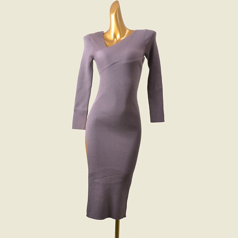 Foreign Trade Women's Clothing Fashion Wind Sexy V-neck Knitting Dress Silm Slim Looking Mid Length Long Length Sheath High Slit Base