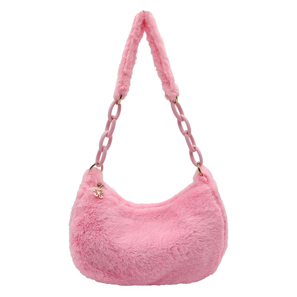

Women Winter Plush Shoulder Bag Casual Chain Small Underarm Pouch Vintage Designer Luxury Handbags Retro Fluffy Soft Armpit Bag рожевий