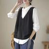 Women's Retro Artistic V-Neck Knitted Vest Coat for Autumn Hollow-Out H-Shape Slim-Fitting Gilet