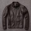 Men's Genuine Leather First Layer Cowhide Stand-up Collar Slim Pure Leather Jacket Simple Dark Brown Coat