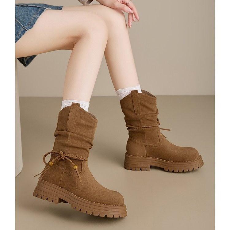 Platform Western Boots Women's 2025 New Autumn Stacking Boots Retro Bow Short Boots Knight Boots