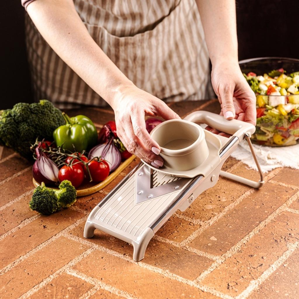 KINGHOFF KH-2006 Mandoline Slicer, Stainless Steel, Adjustable Thickness, Gray, 30x13.5x11.5cm, with Pusher