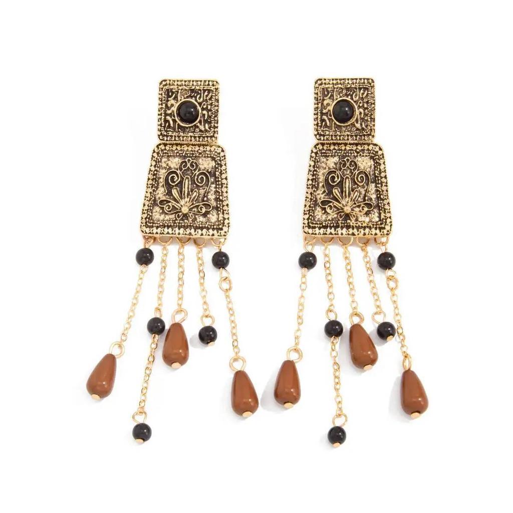 SHIXIN Vintage Carving Flower Geometric Drop Earrings for Women Luxury Water Drop Tassel Pendant Earrings Fashion Party Jewelry