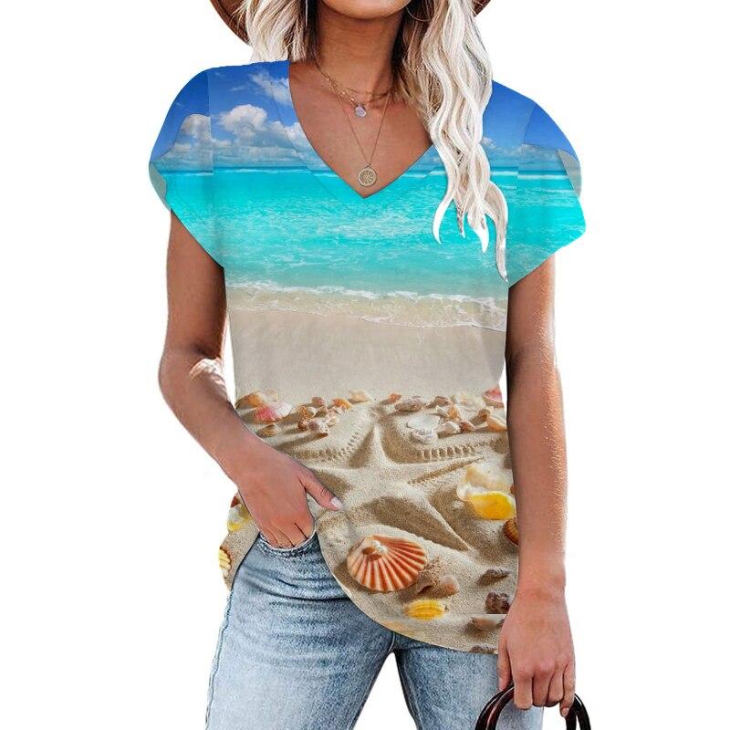 Camicette 2023 Estate Manica Corta T-Shirt da Spiaggia Moda Donna Streetwear Stampa T-shirt Girocollo T-shirt Ampia Abbigliamento Elegante 25702
