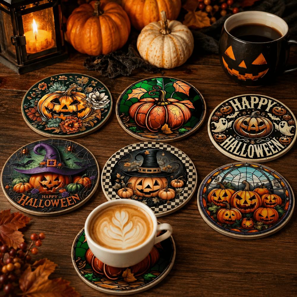 6pcs Wooden Halloween Coasters Pumpkin Heat Insulation Pad Tableware Mat Dining Table