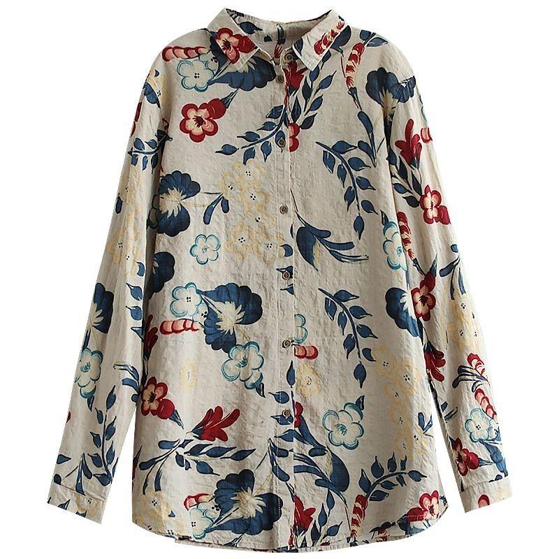 Cotton and Linen Printed Floral Long-sleeved Shirt Women's Tops Spring and Autumn Loose and Thin Retro Literary Hong Kong Style Shirt Tide Lapel