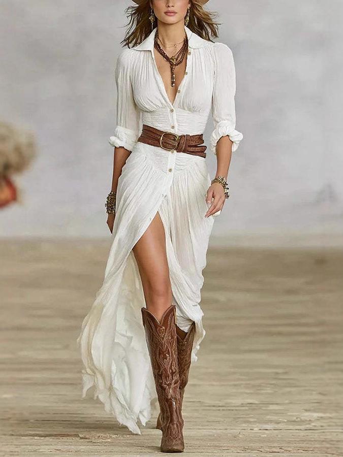 2025 European & American Women's Autumn Sexy Solid Color Belted Irregular Ruffle Dress